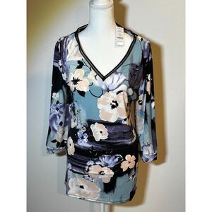 White House Black Market Blue Liana Floral Brushed LS Blouse, S NWT